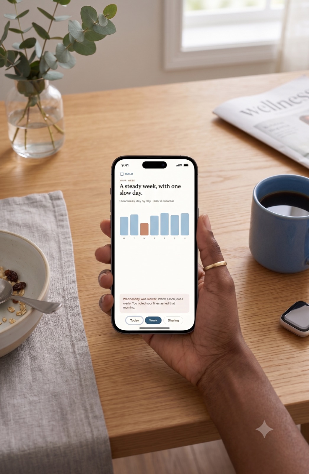 A hand holding a phone showing the Halo app's weekly summary at a breakfast table.