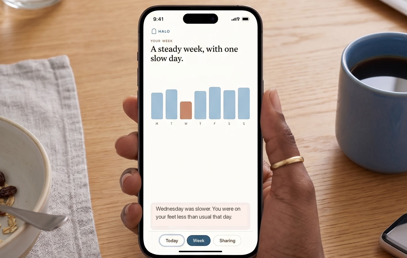 A hand holding a phone showing the Halo app's weekly steadiness chart, one day marked in orange.
