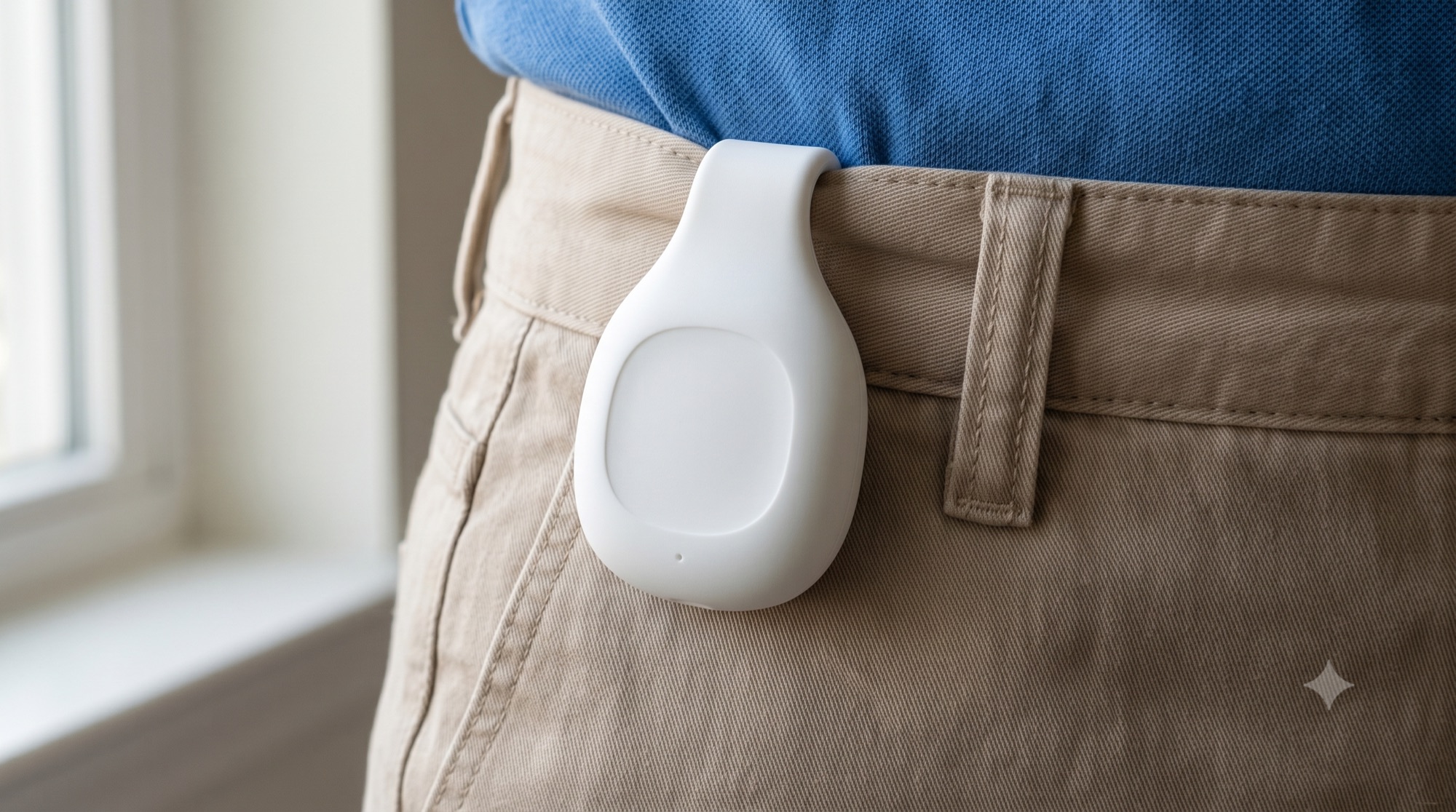 The Halo device clipped to a belt loop on a pair of chinos.