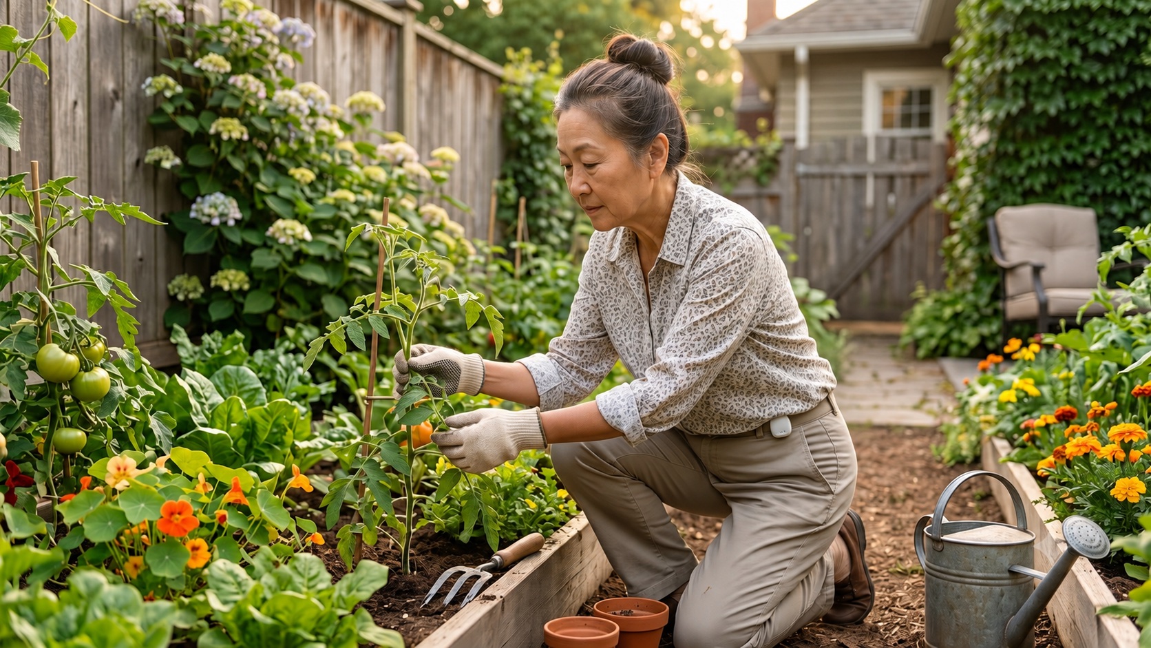 A woman kneeling at a raised bed in her backyard garden at golden hour, staking a tomato plant, with Halo clipped to her waistband.