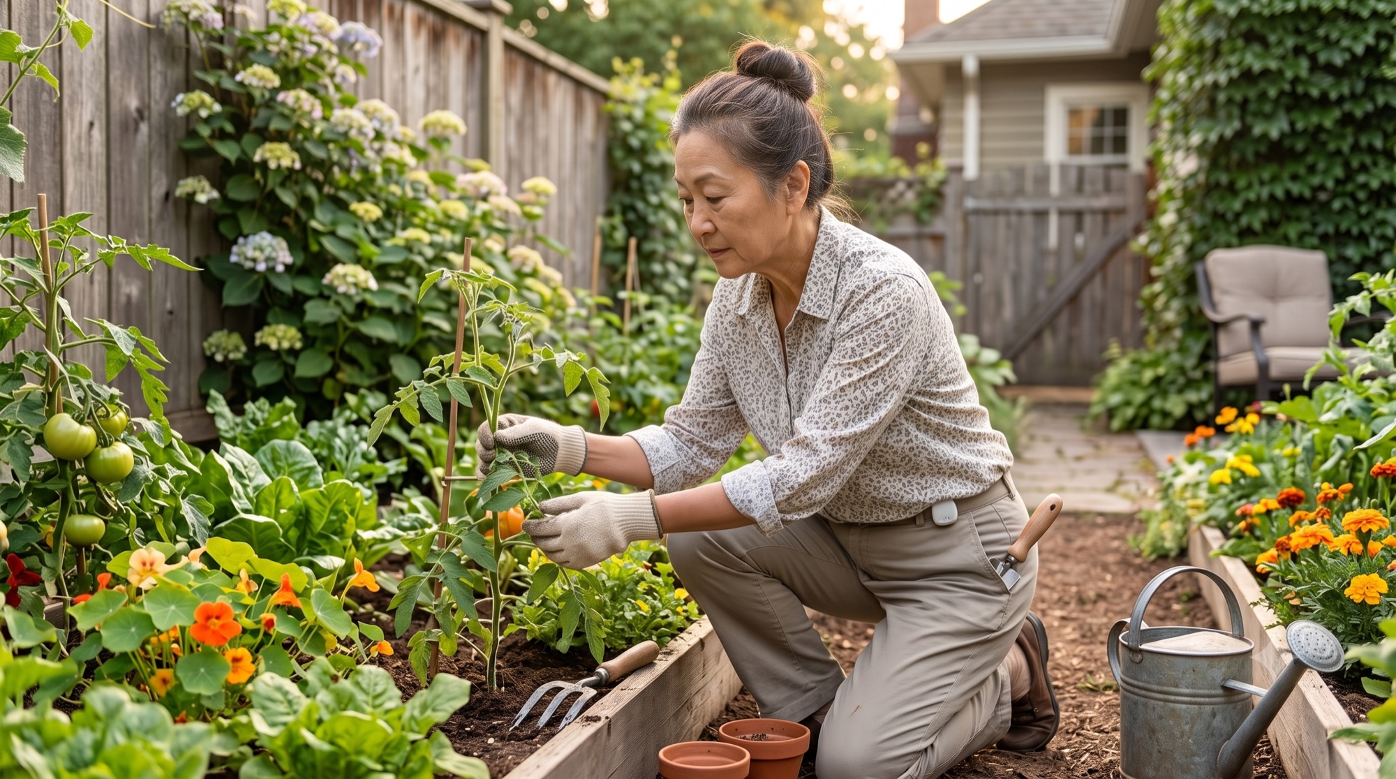 A woman tending tomato plants in her backyard garden at golden hour, Halo clipped to her waistband.